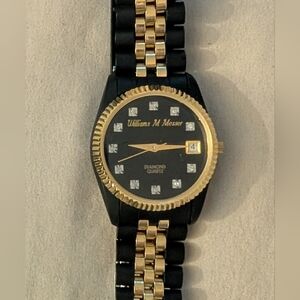 WORKING Mens Gold And Black Diamond Watch With Benrus Band